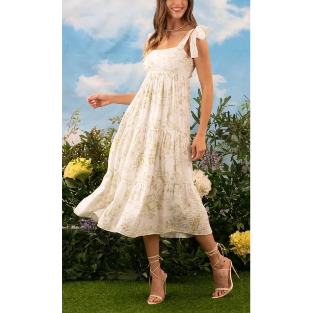 by the River Fruit Blossom Tiered Midi Dress Green Toile Floral Crinkle Large - Picture 16 of 16